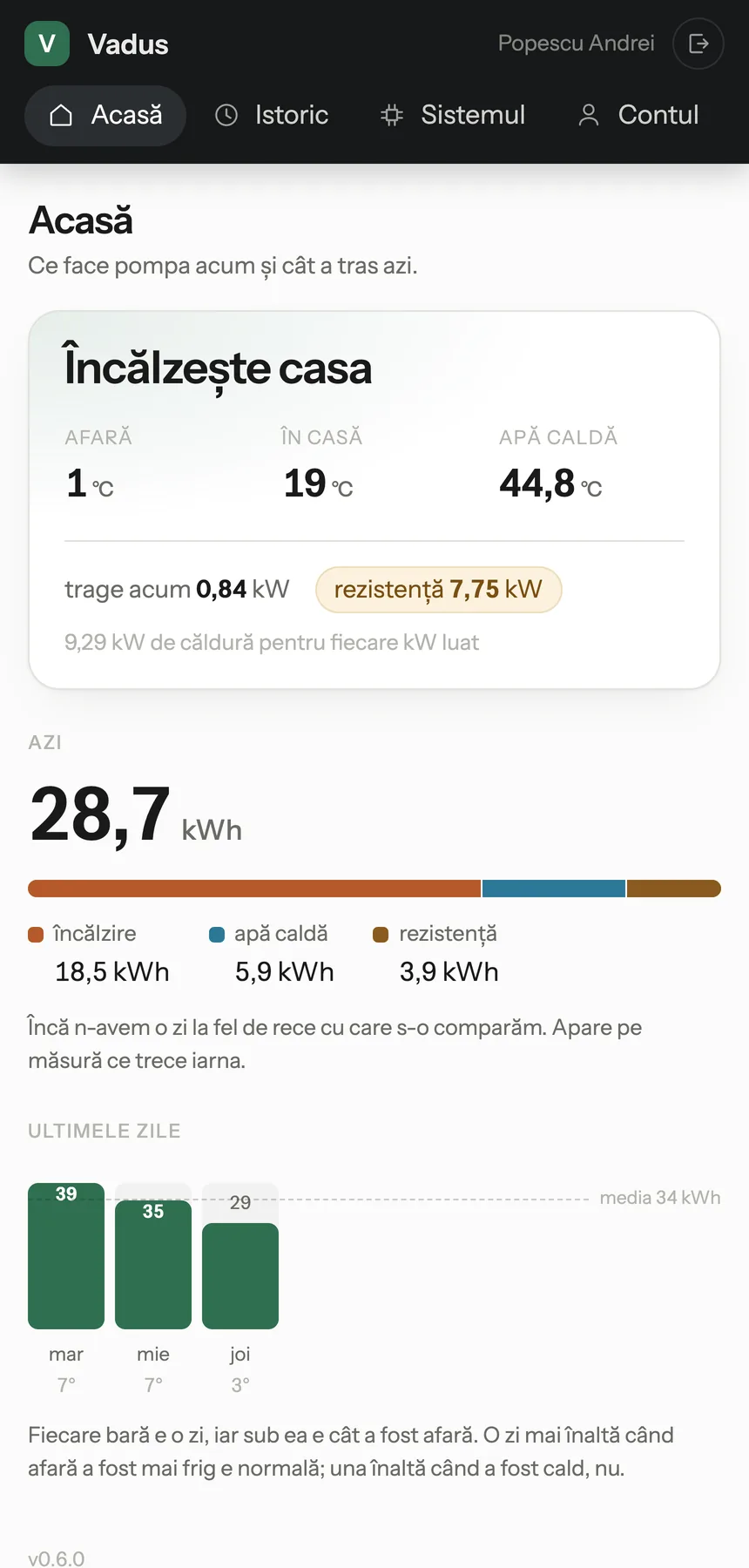 Aplicația clientului pe telefon: ce face pompa acum, temperaturile din casă și consumul de azi.