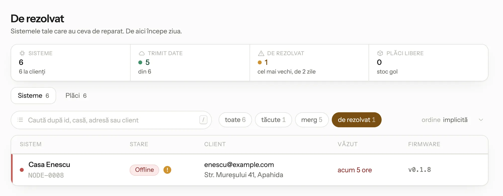 Pagina „De rezolvat” a unui instalator: un singur sistem, offline de cinci ore, cu clientul și adresa lui.